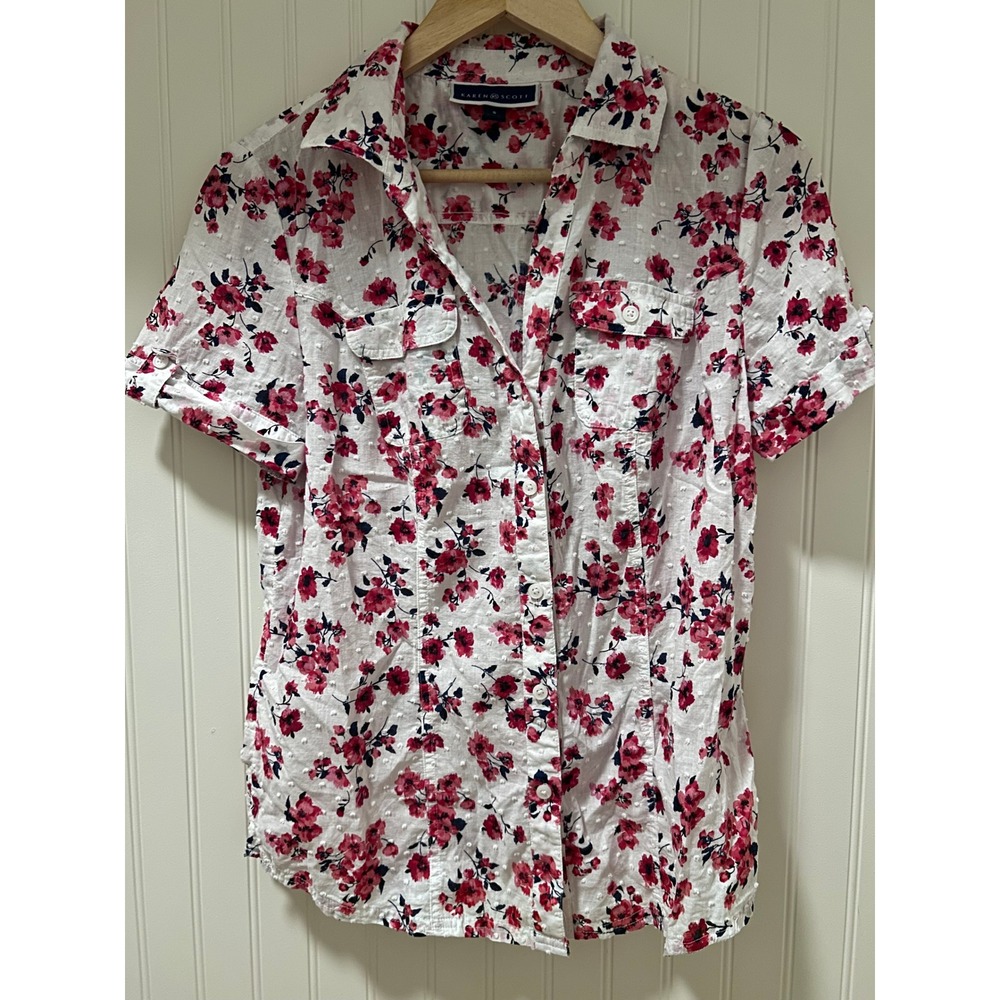 Karen Scott Button Up Shirt Womens Small White Red Good Floral Swiss Dot Top